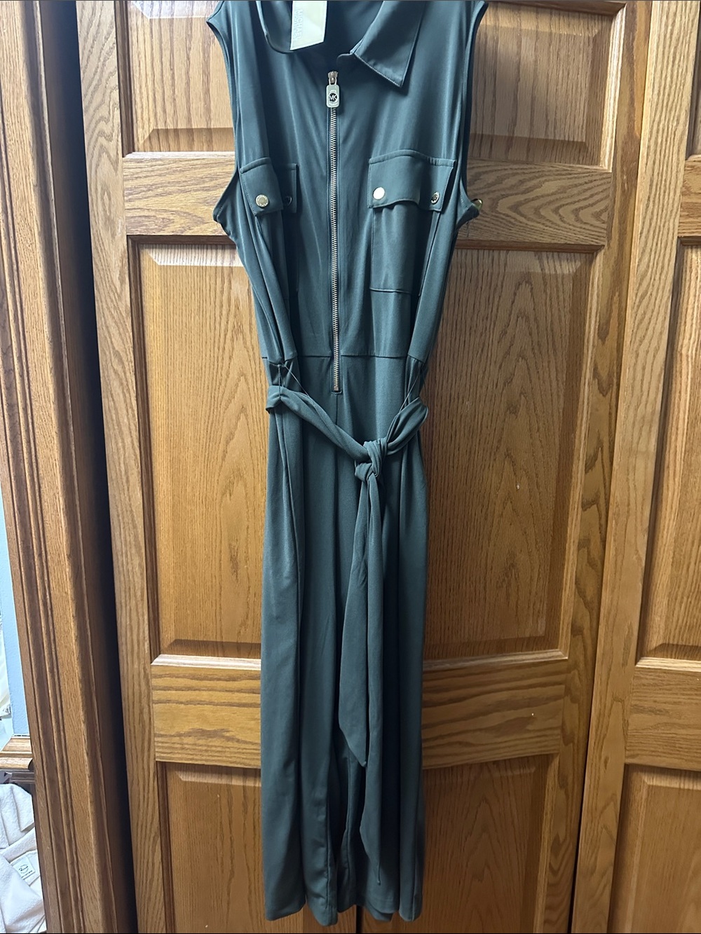 Michael Kors Olive Green Sleeveless Zip-Front Jumpsuit with Tie Waist